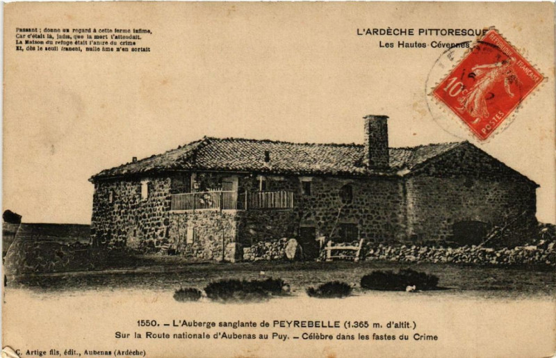 Carte postale ancienne L'Auberge sanglante de Peyrebelle Sur la Route nationale d'Aubenas à Aubenas