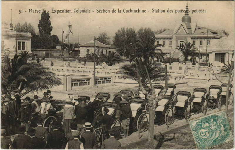 Carte postale ancienne Marseille Expo 51 Station des pousses pousses à Marseille