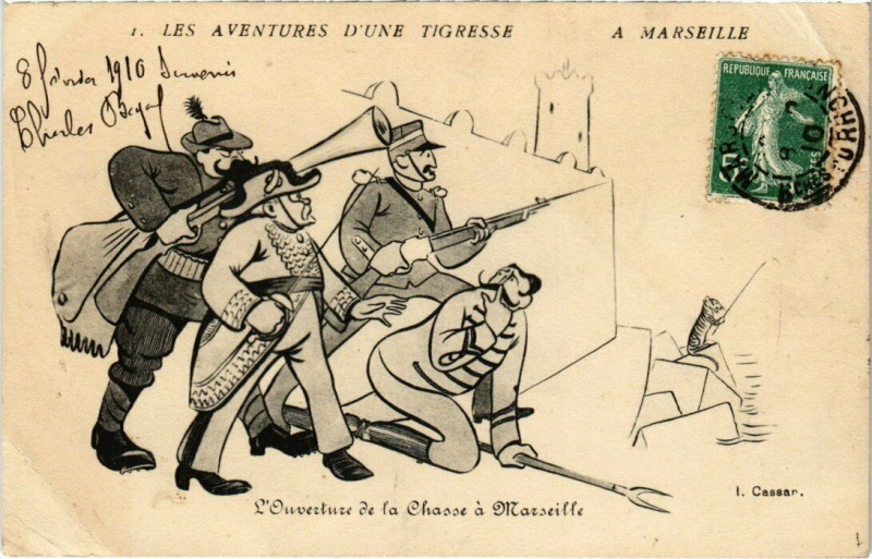 Carte postale ancienne Marseille Les Aventures d'une Tigresse L'ouverture de la Chasse à Marseille