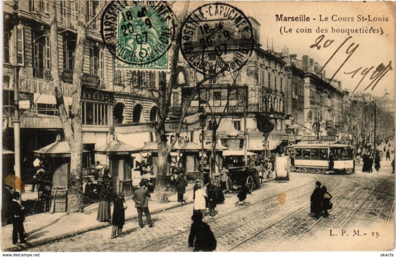 Carte postale ancienne Marseille - Le Cours St-Louis (Le coin des bouquetieres) à Marseille
