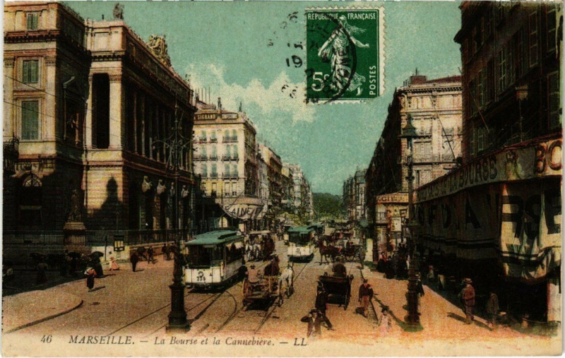 Carte postale ancienne Marseille La Bourse et la Cannebiere à Marseille