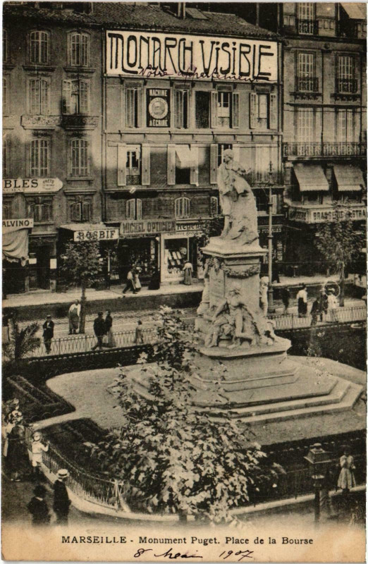 Carte postale ancienne Marseille - Monument Puget Place de la Bourse à Marseille