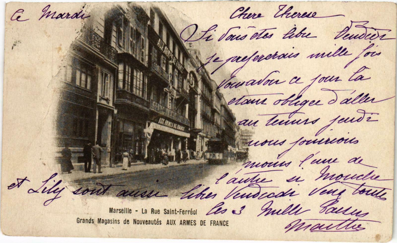 Carte postale ancienne Marseille - La Rue St-Ferreol (mauvais etat) à Marseille