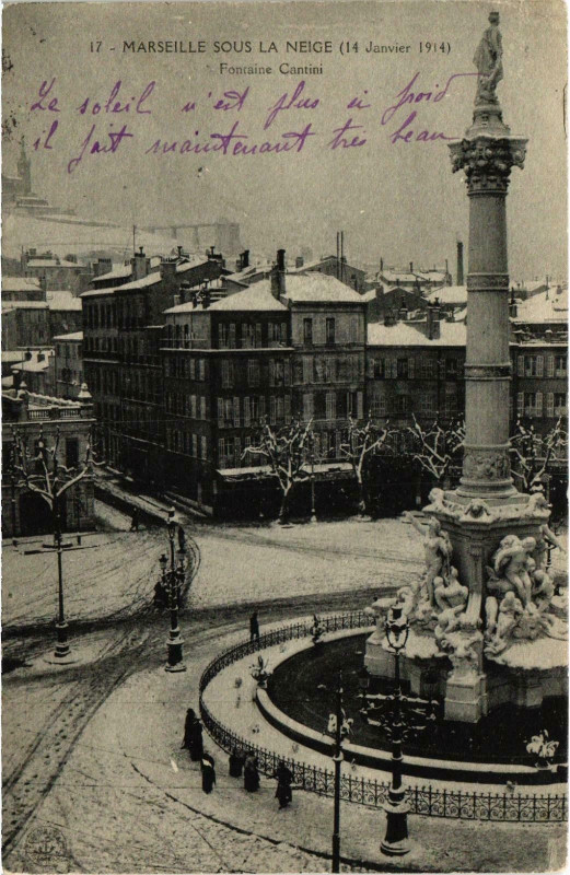 Carte postale ancienne Marseille - Sous La Neige (14 Janvier 1914) Fontaine Cantini à Marseille