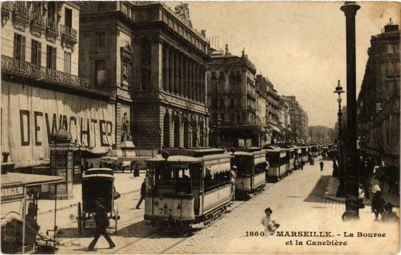 Carte postale ancienne Marseille - La Bourse et la Cannebiere à Marseille