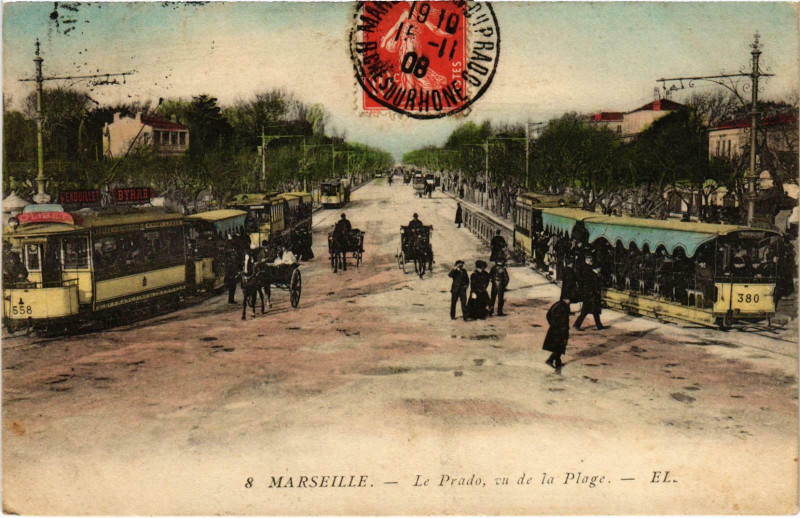 Carte postale ancienne Marseille - Le Prado vu de la Plage à Marseille