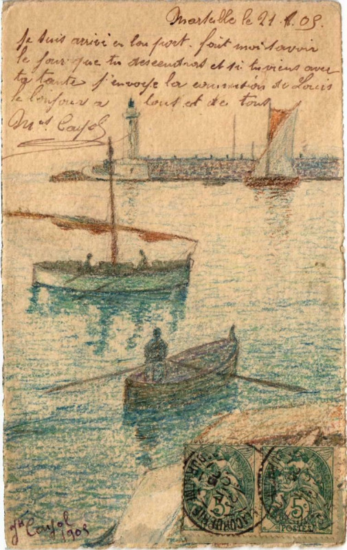Carte postale ancienne Marseille - Le Port et Le Phare Graphique à Marseille