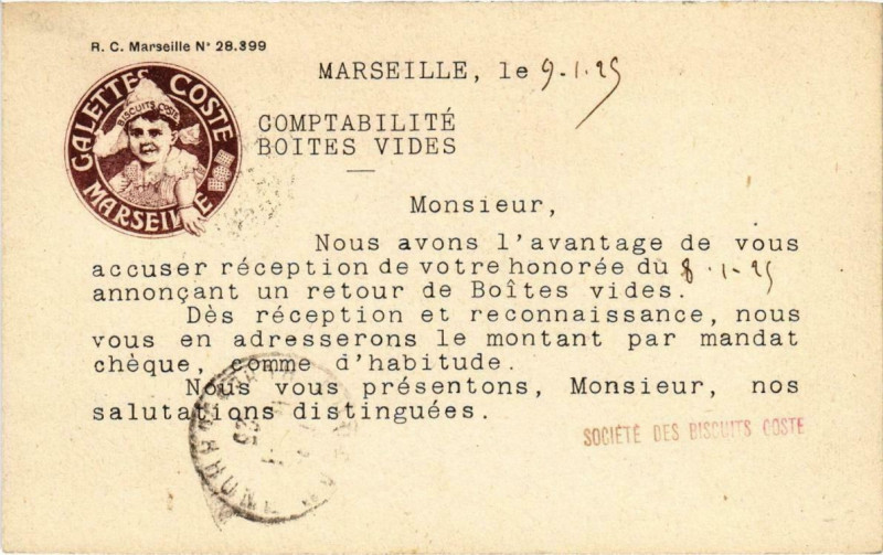 Carte postale ancienne Marseille - Biscuits Coste Marseille à Marseille