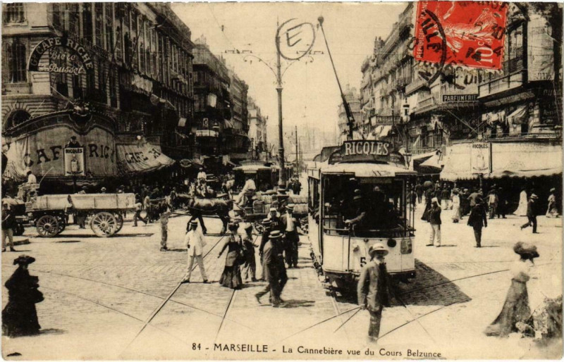 Carte postale ancienne Marseille - Le Cannebiere vue du Cours Belzunce à Marseille