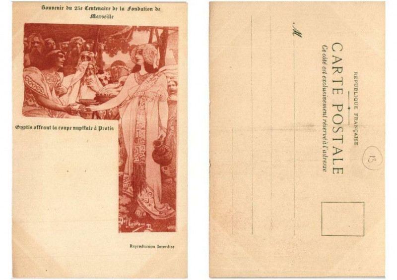 Carte postale ancienne Gyptis offrant la coupe nuptiale à Protis à Marseille
