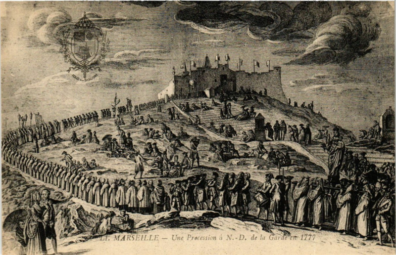 Carte postale ancienne Marseille Une Procession a N.D. de la Garde en 1777 à Marseille