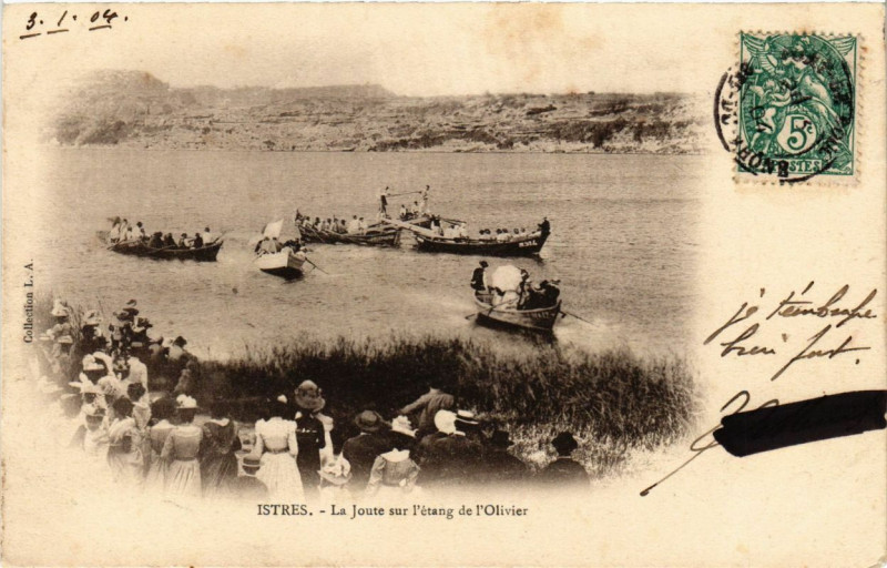 Carte postale ancienne Istres - La Joute sur l'etang de l'Olivier à Istres