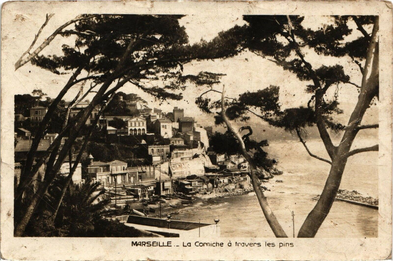 Carte postale ancienne Marseille-La Corniche a travers les pins à Marseille
