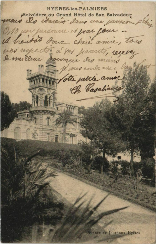 Carte postale ancienne Hyeres Belvedere du Grand Hotel de San Salvadour France à Hyères