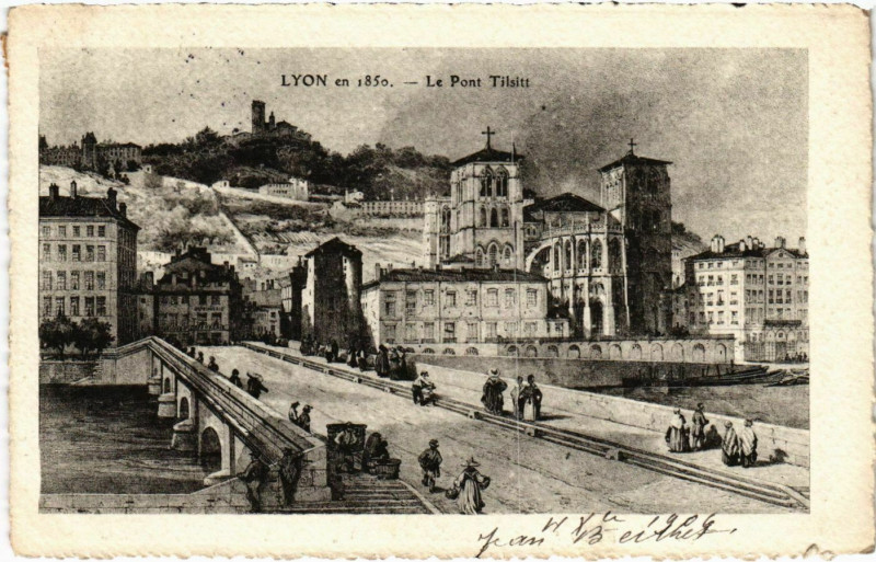Carte postale ancienne Lyon en 1850 Le Pont Tilsitt à Lyon
