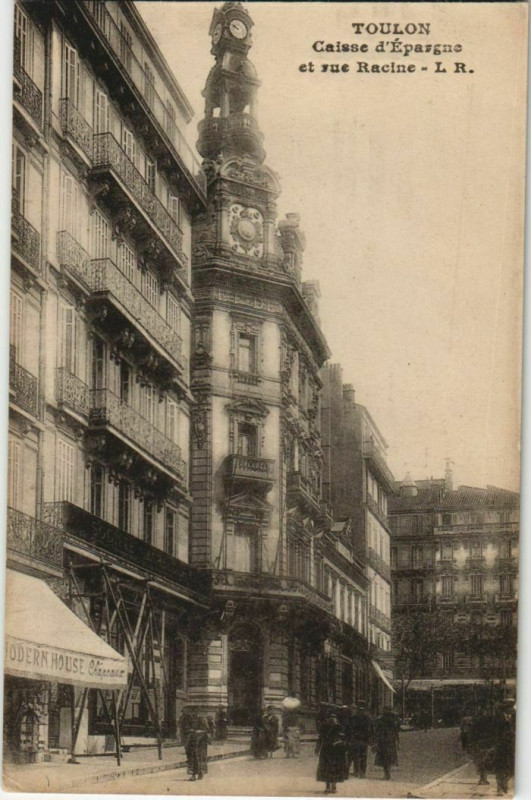 Carte postale ancienne Toulon Caisse d'Epargne et rue Racine France à Toulon