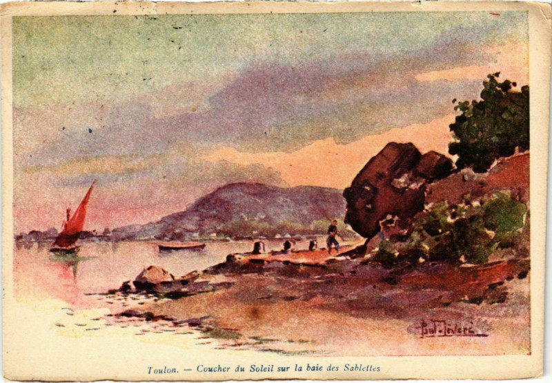 Carte postale ancienne Toulon - Coucher du Soleil sur la baie des Sablettes à Toulon