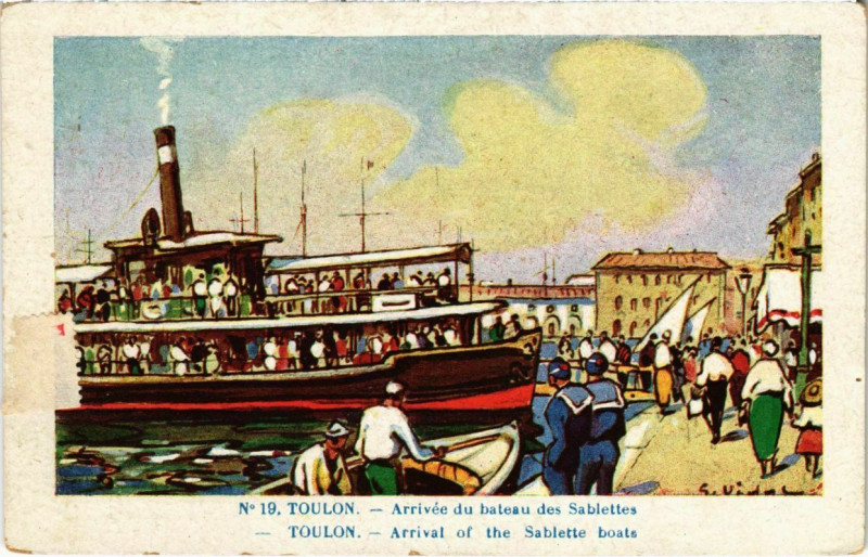 Carte postale ancienne Toulon - Arrivee du bateau des Sablettes à Toulon