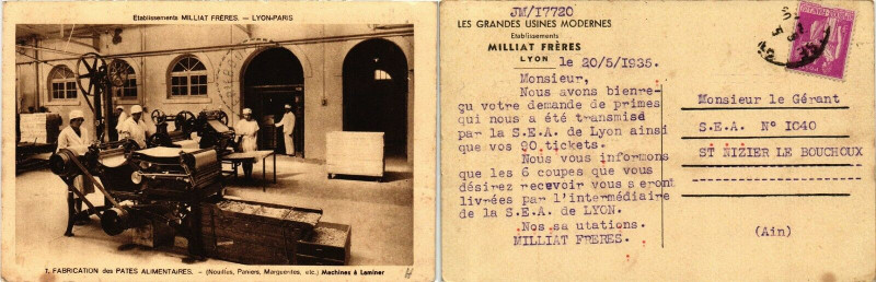 Carte postale ancienne Lyon Etabl. Milliat Freres Fabrication des Pates Alimentaires. à Lyon