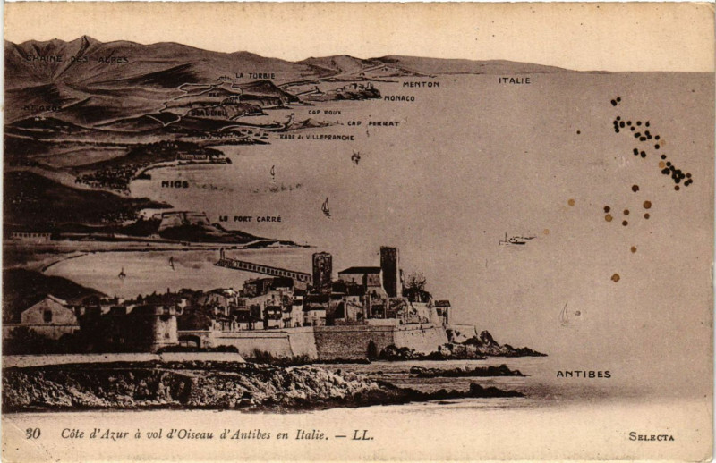 Carte postale ancienne Antibes - coté d'Azur a vol d'Oiseau d'Antibes en Italie à Antibes