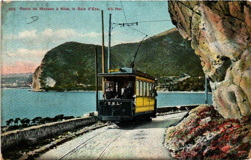 Carte postale ancienne Eze Tram - Baie d'Eze - Route de Monaco a Nice à Èze