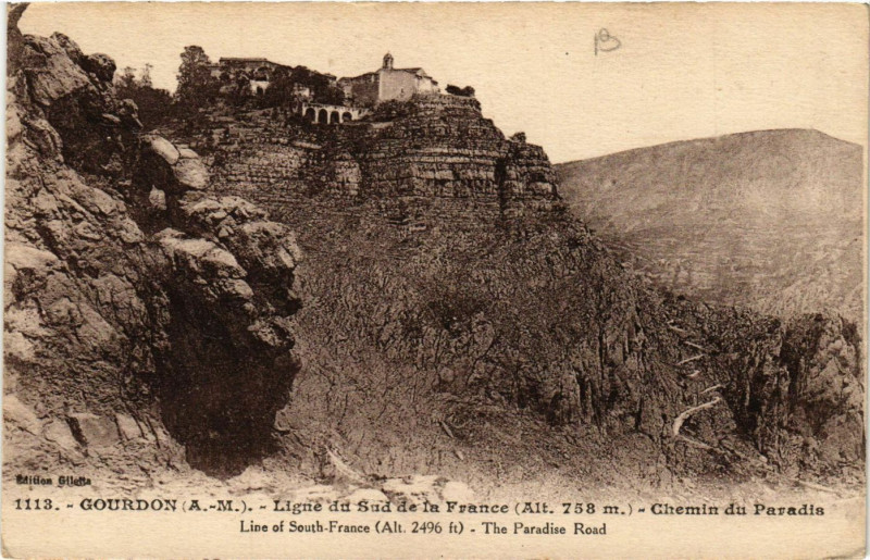 Carte postale ancienne Gourdon - Chemin du Paradis - Ligne du Sud de la France à Gourdon