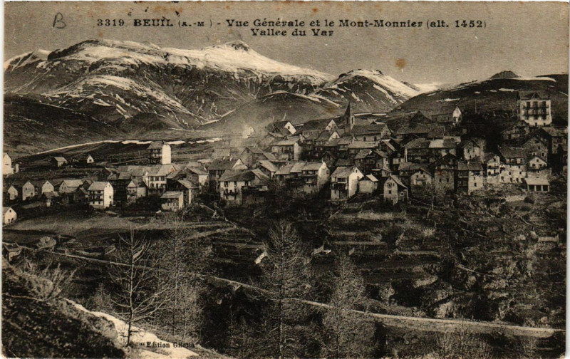 Carte postale ancienne Beuil - Vue générale et le Mont-Monnier - Vallée du Var à Beuil