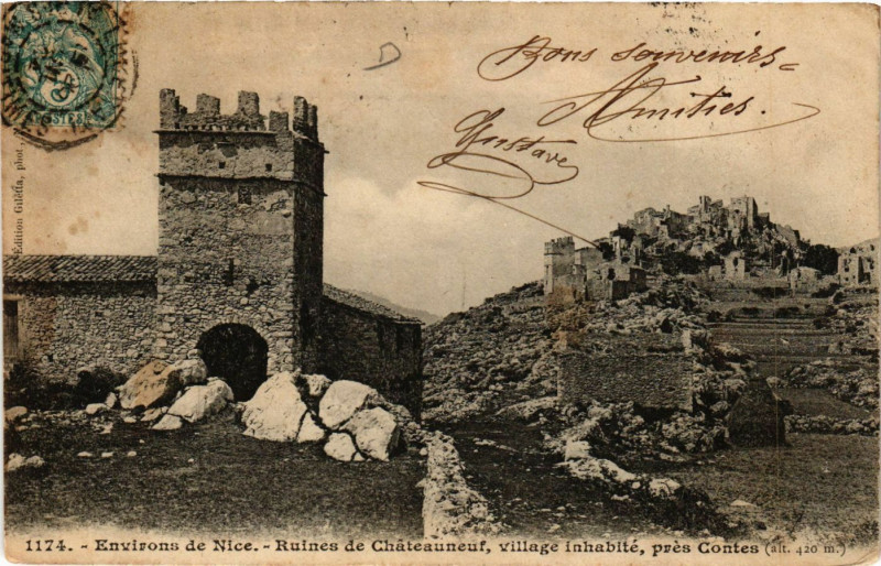 Carte postale ancienne Ruines de Chateauneuf - Village Inhabité - prés Contes à Contes