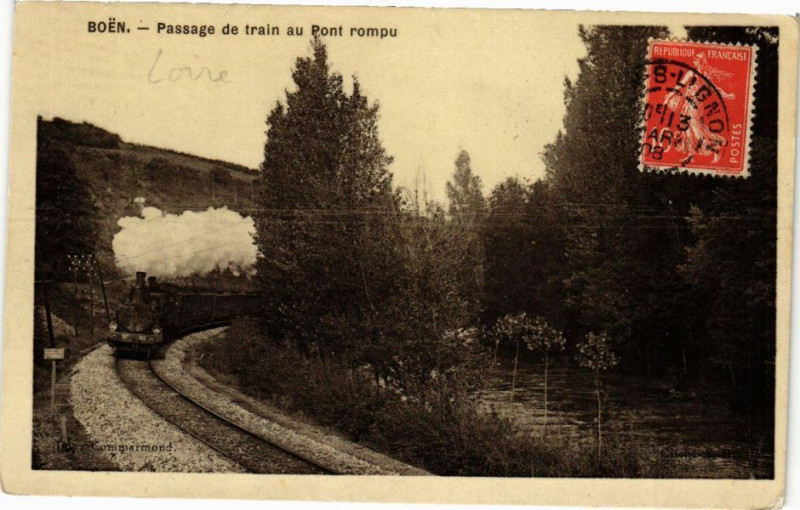 Carte postale ancienne Boen - Passage de train au Pont rompu