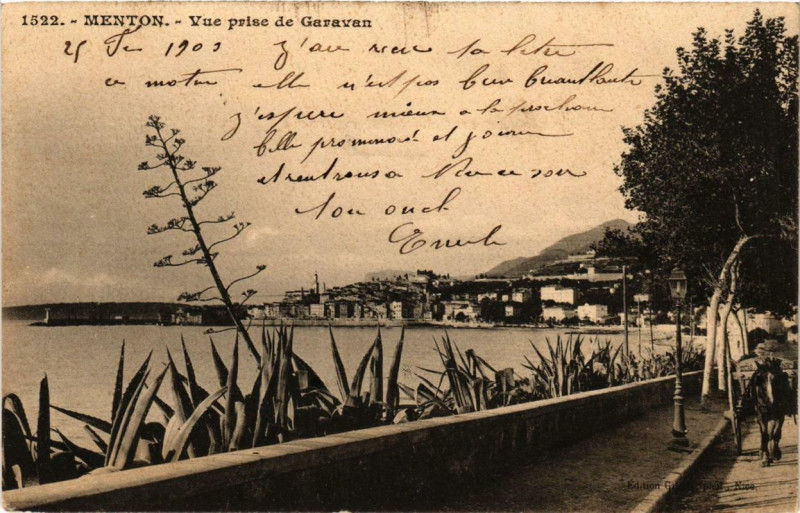 Carte postale ancienne Menton Vue prise de Garavan à Menton