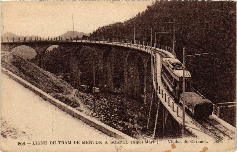 Carte postale ancienne Menton Ligne du Tram - Viaduc du Caramel à Menton