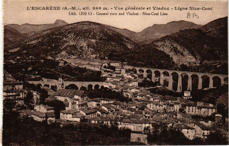 Carte postale ancienne L'Escarene - Vue générale et Viaduc - Ligne Nice-Coni à L'Escarène