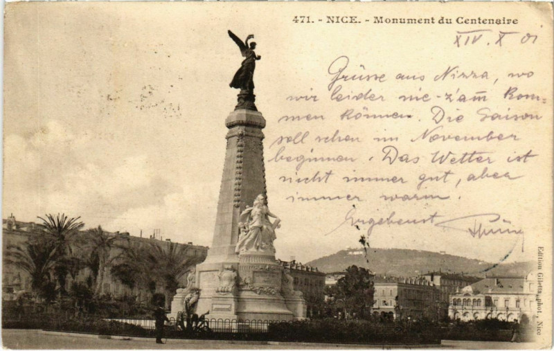 Carte postale ancienne Nice- Monument du Centenaire France à Nice