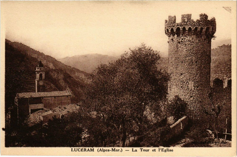 Carte postale ancienne Lucéram- La Tour et l'Eglise à Lucéram