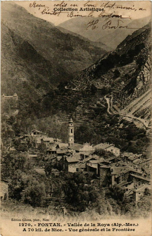 Carte postale ancienne Fontan- vue generale et la Frontiere France à Fontan