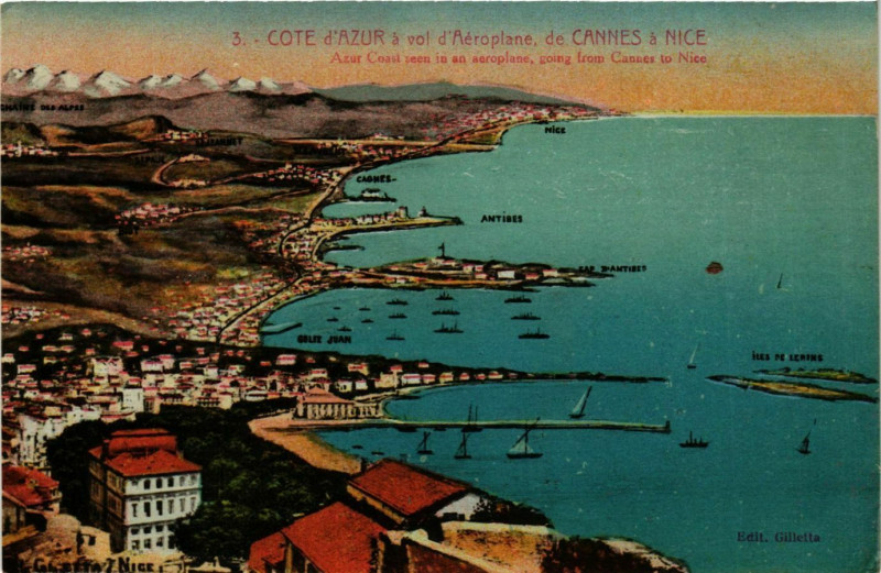 Carte postale ancienne Cote d'azur a vol d'Aeroplane de Cannes a Nice France à Cannes