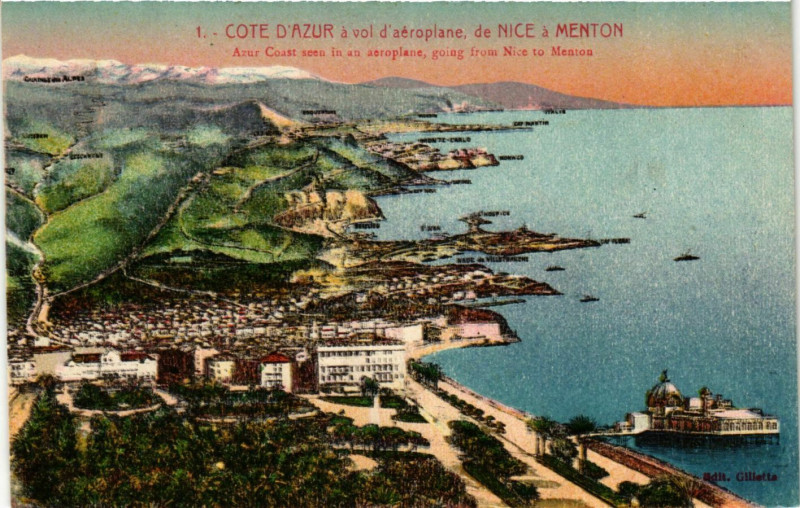 Carte postale ancienne Cote d'Azur a vol d'aeroplane,de Nice a Menton France à Nice