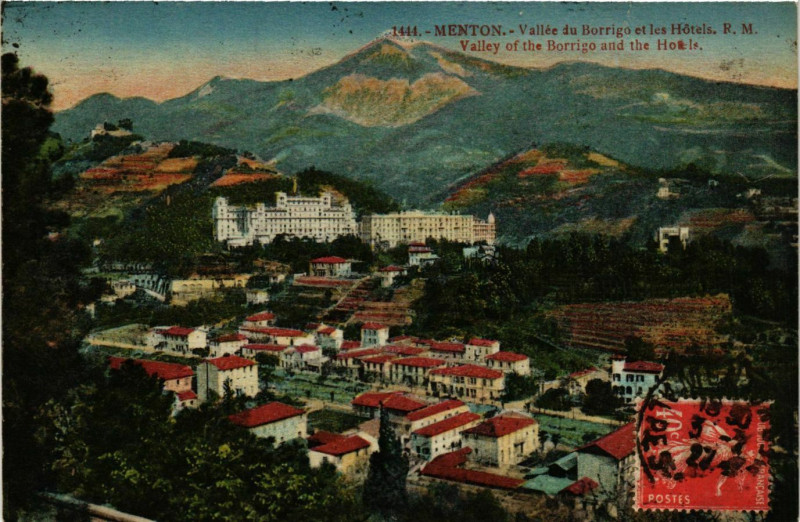 Carte postale ancienne Menton- Vallee du Borrigo et les Hotels France à Menton