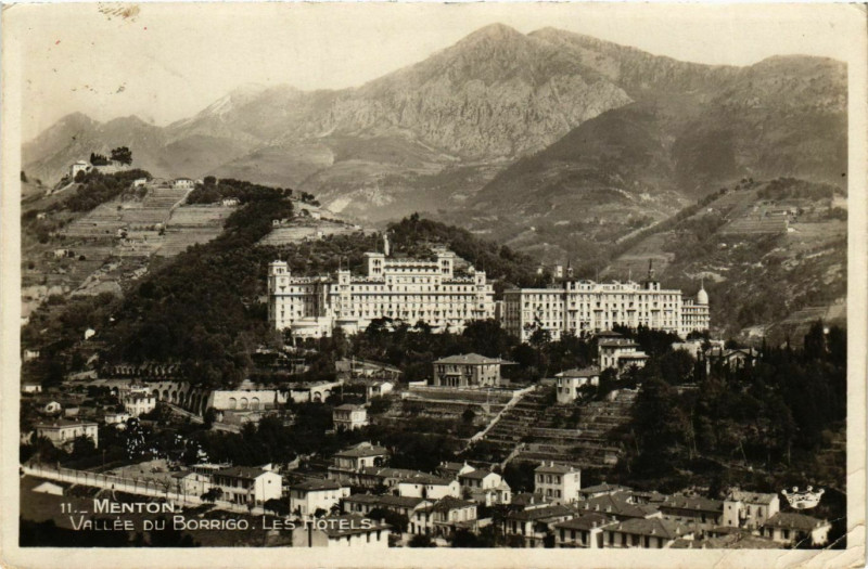 Carte postale ancienne Menton- Vallee du Borrigo et les Hotels France à Menton