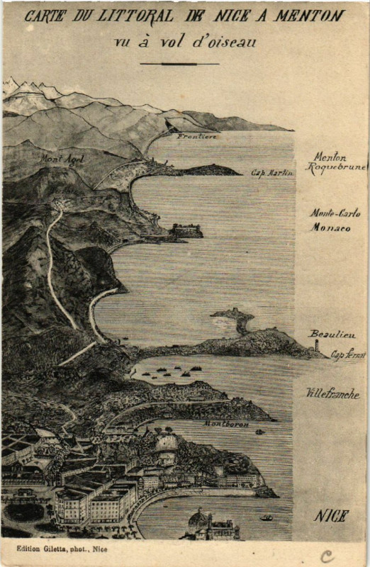 Carte postale ancienne Carte du Littoral de Nice a Menton à Nice