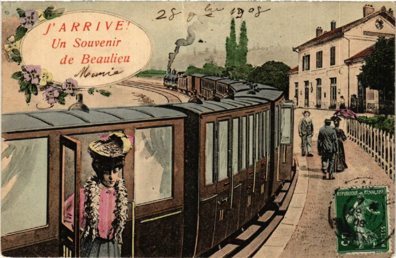 Carte postale ancienne J'Arrive ! - Un Souvenir de Beaulieu