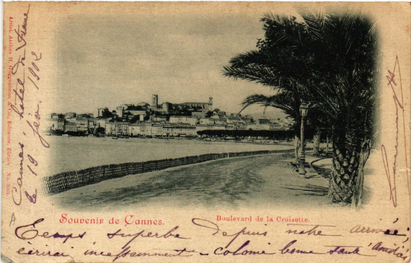 Carte postale ancienne Souvenir de Cannes - Boulevard de la Croisette à Cannes