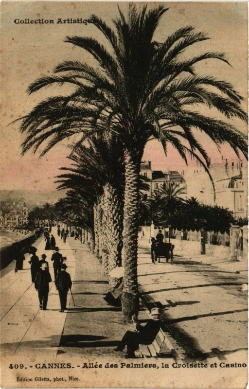Carte postale ancienne Cannes - Allée des Palmiers, la Croisette et Casino à Cannes