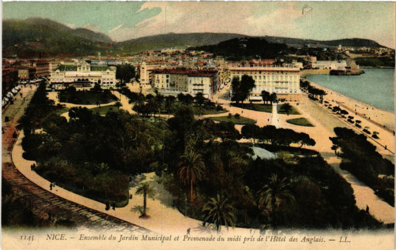 Carte postale ancienne Nice - Enseble du Jardin Municipal et Promenade du midi pris . à Nice