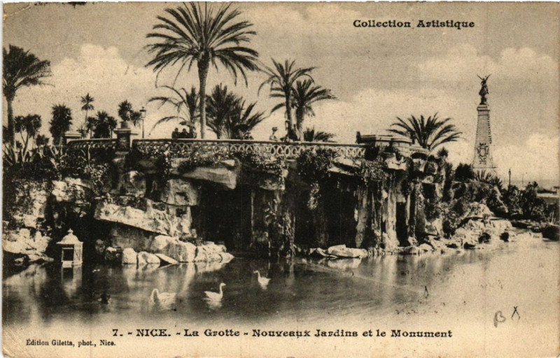 Carte postale ancienne Nice - La Grotte - Nouveaux Jardins et le Monument à Nice
