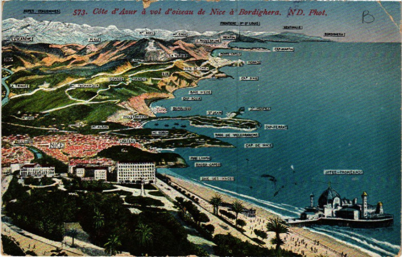 Carte postale ancienne Cote d'Azur a vol d'oiseau de Nice a Bordighera à Nice