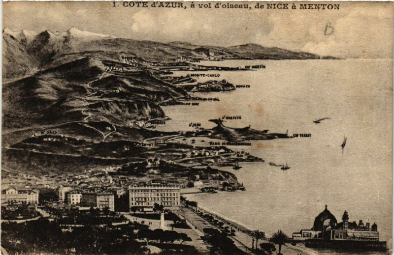 Carte postale ancienne Cote d'Azur , a vol d'oiseau, de Nice a Menton à Nice