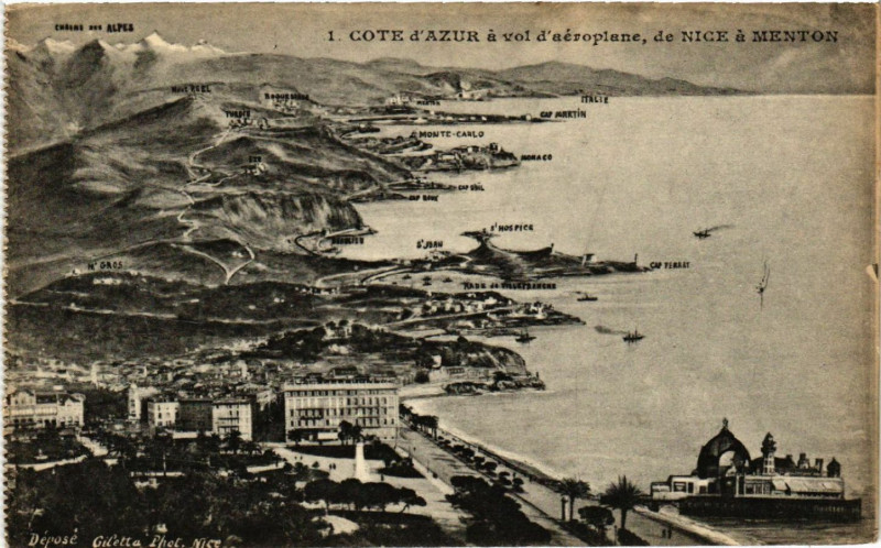 Carte postale ancienne Cote d'Azur , a vol d'oiseau, de Nice a Menton à Nice
