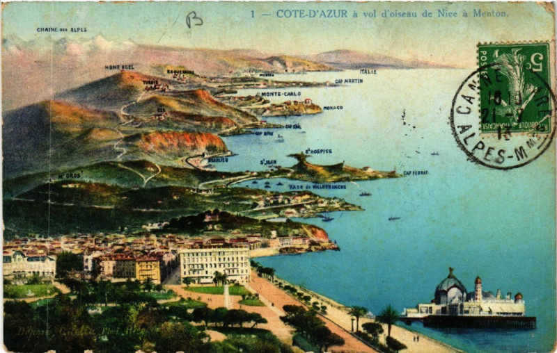 Carte postale ancienne Cote-d'Azur a vol d'oiseau de Nice a Menton à Nice