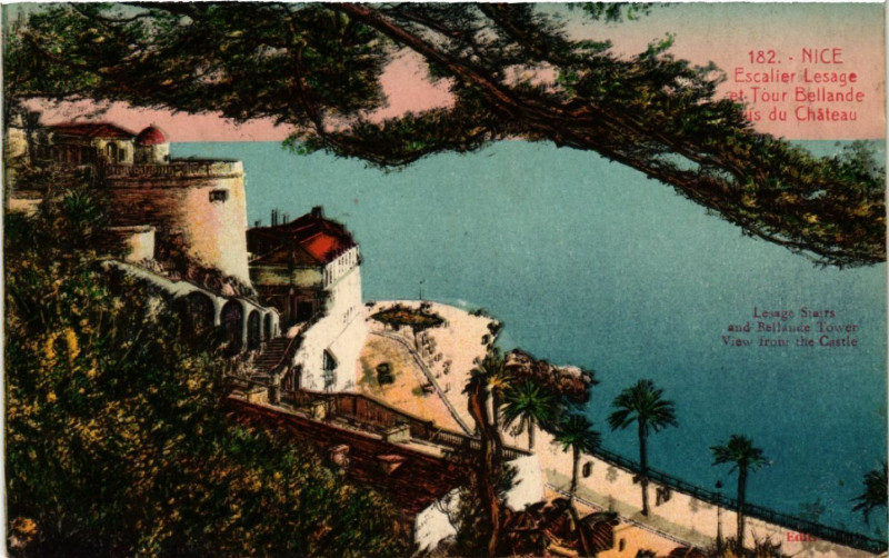 Carte postale ancienne Nice - Escalier Lesage et Tour Bellande Louis Chateau à Nice